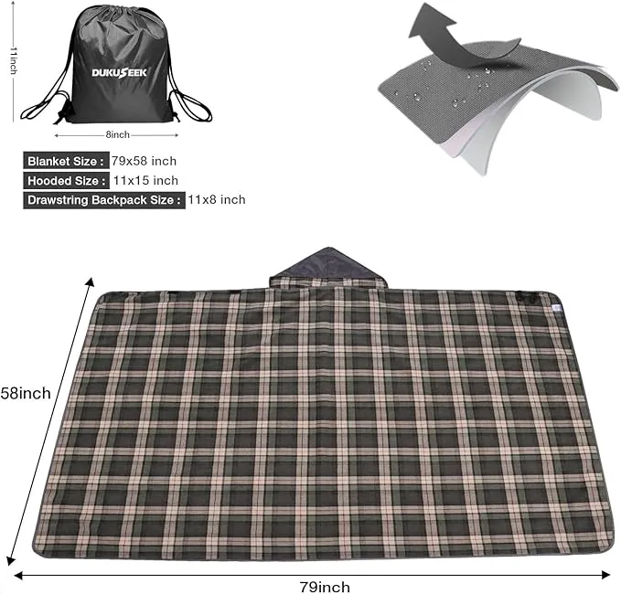 DUKUSEEK Stadium Blanket for Outdoor Sports, Waterproof Hooded Blankets, Windproof Warm Fleece Blankets for Camping Stadium, Beach, Picnic, Concerts, Car, Dog, 79"x 59"