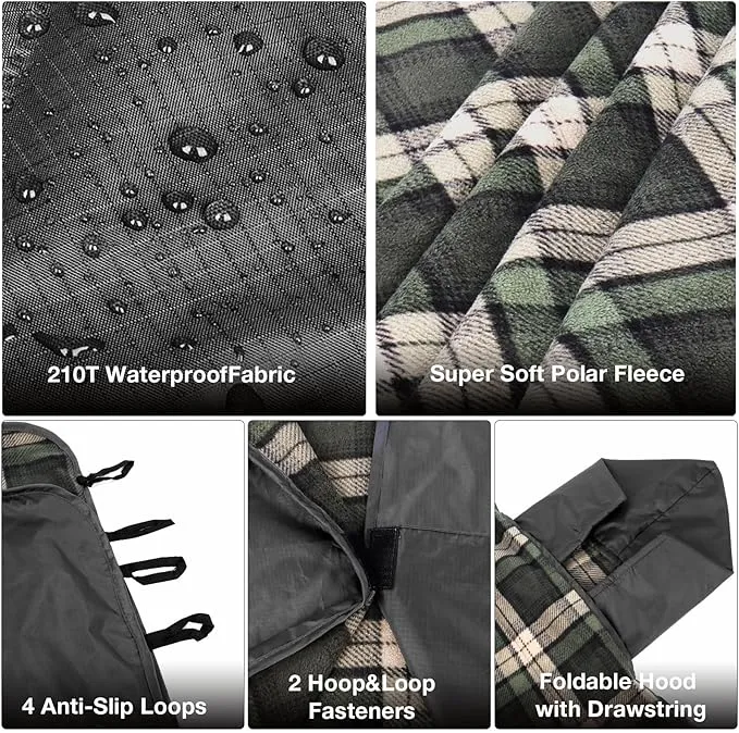 DUKUSEEK Stadium Blanket for Outdoor Sports, Waterproof Hooded Blankets, Windproof Warm Fleece Blankets for Camping Stadium, Beach, Picnic, Concerts, Car, Dog, 79"x 59"
