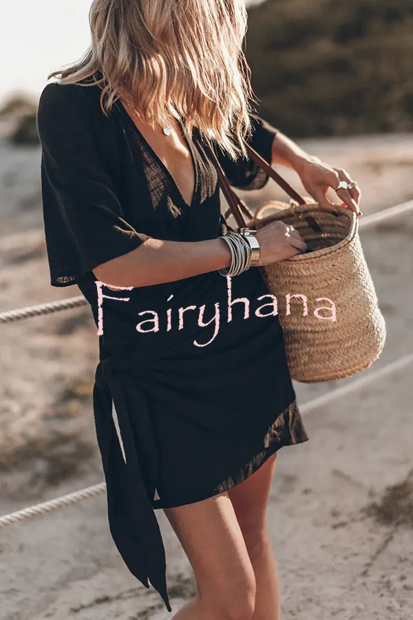Easy Breezy Cotton Linen Blend Knotted Wrap Mini Dress