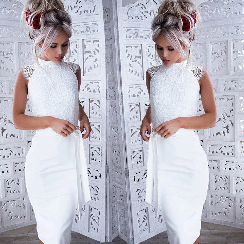 Elegant Crew Neck Sleeveless Floral Lace Dress