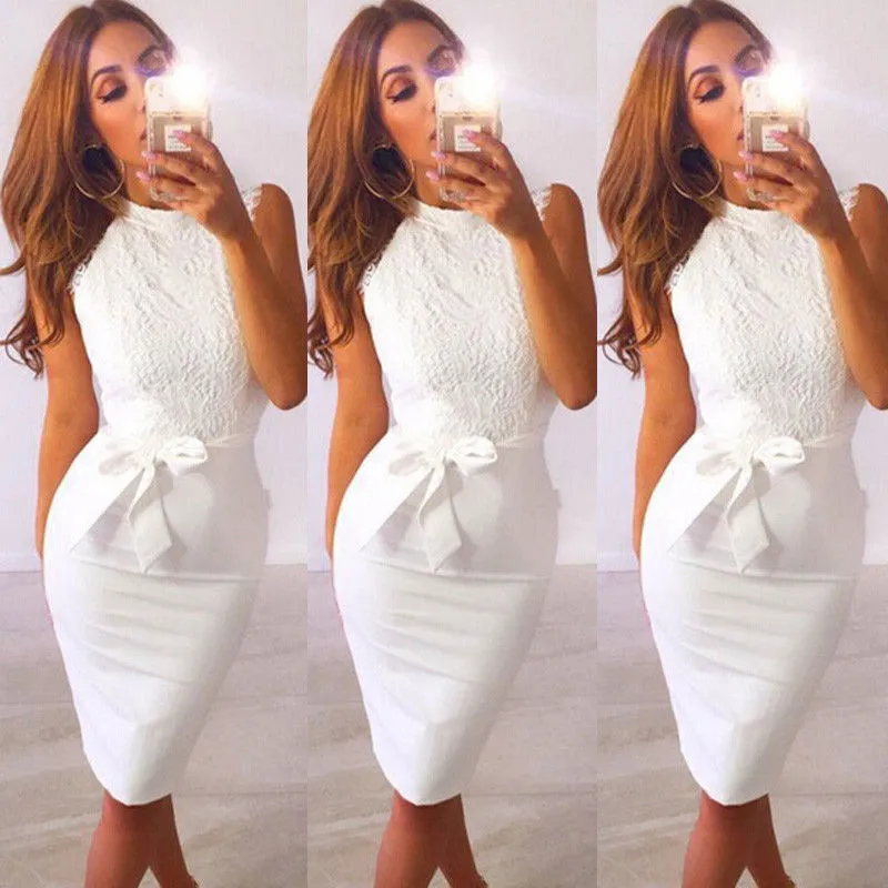 Elegant Crew Neck Sleeveless Floral Lace Dress