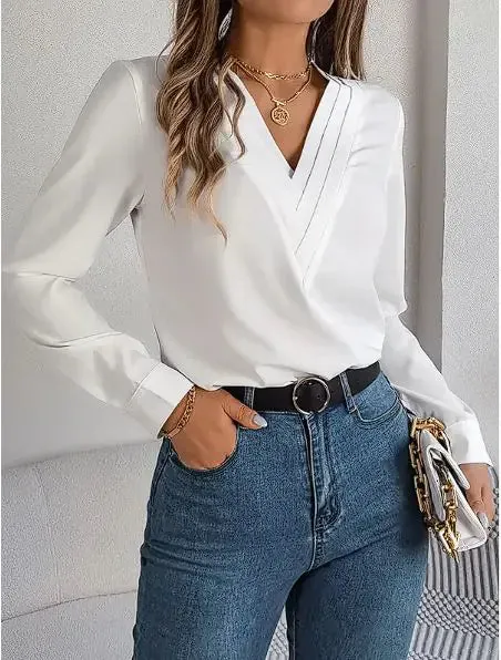 Elegant V-Neck Long Sleeve Office Blouse