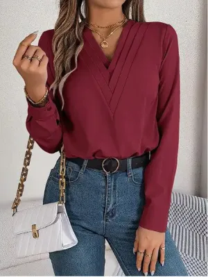 Elegant V-Neck Long Sleeve Office Blouse