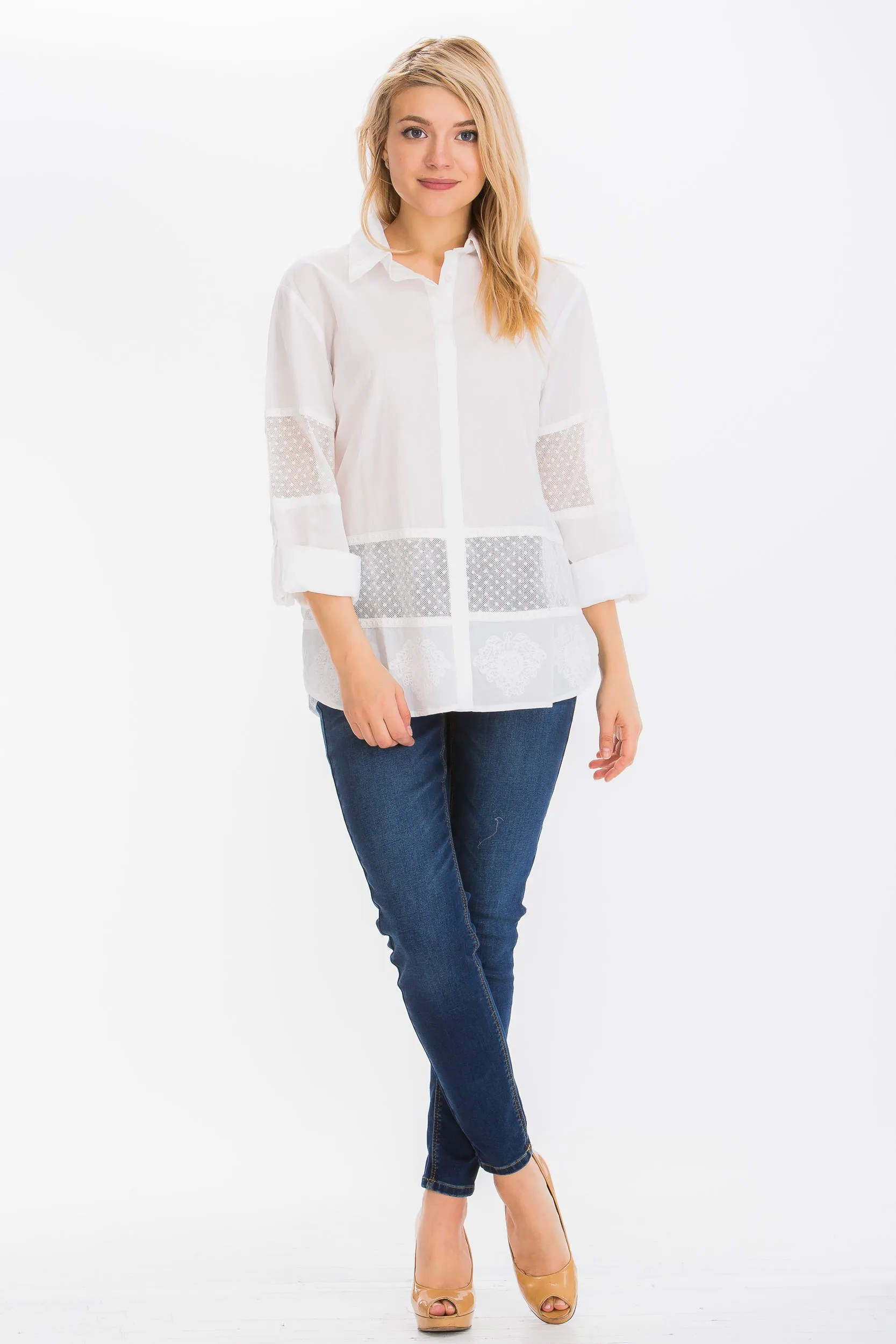 Embroidered Button-down Shirt with Mesh