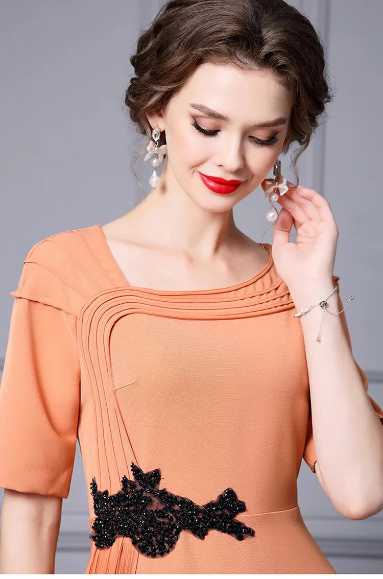 Ensley Asymmetrical Collar Short Sleeve Beading Elegant Party Solid Color Dress