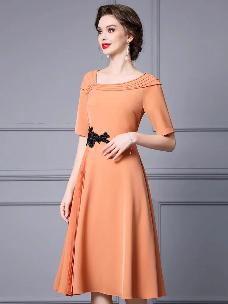 Ensley Asymmetrical Collar Short Sleeve Beading Elegant Party Solid Color Dress