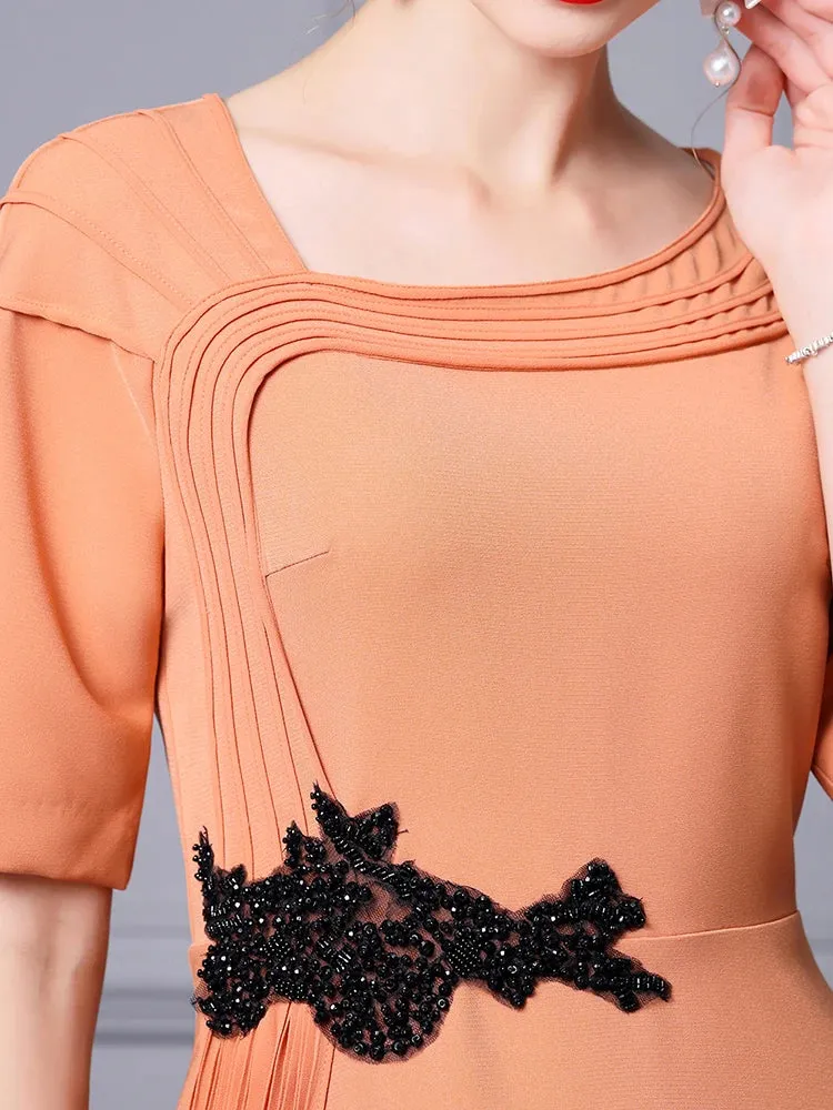 Ensley Asymmetrical Collar Short Sleeve Beading Elegant Party Solid Color Dress