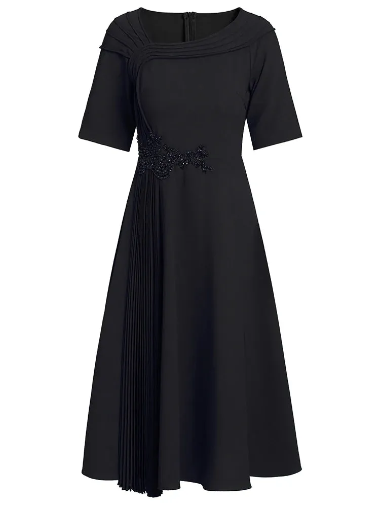 Ensley Asymmetrical Collar Short Sleeve Beading Elegant Party Solid Color Dress