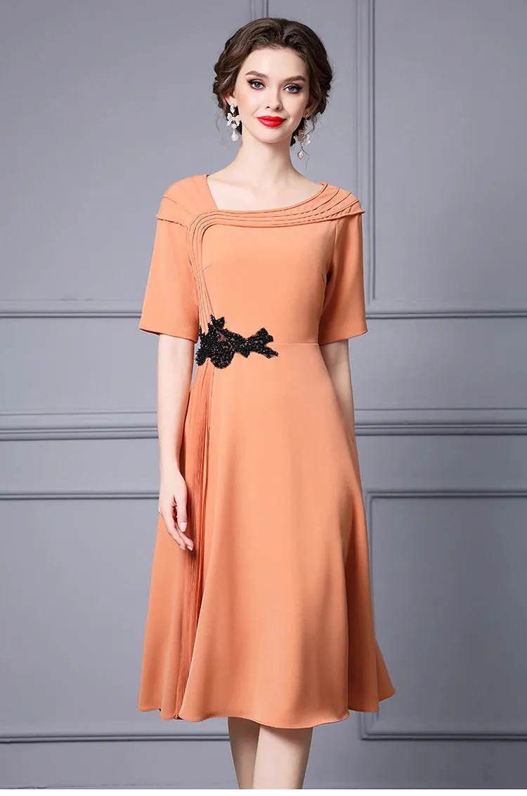 Ensley Asymmetrical Collar Short Sleeve Beading Elegant Party Solid Color Dress