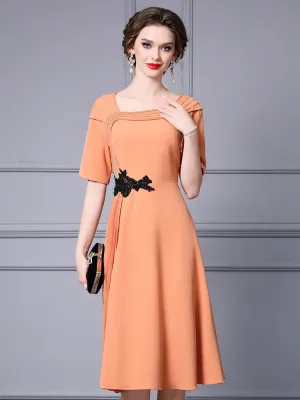 Ensley Asymmetrical Collar Short Sleeve Beading Elegant Party Solid Color Dress