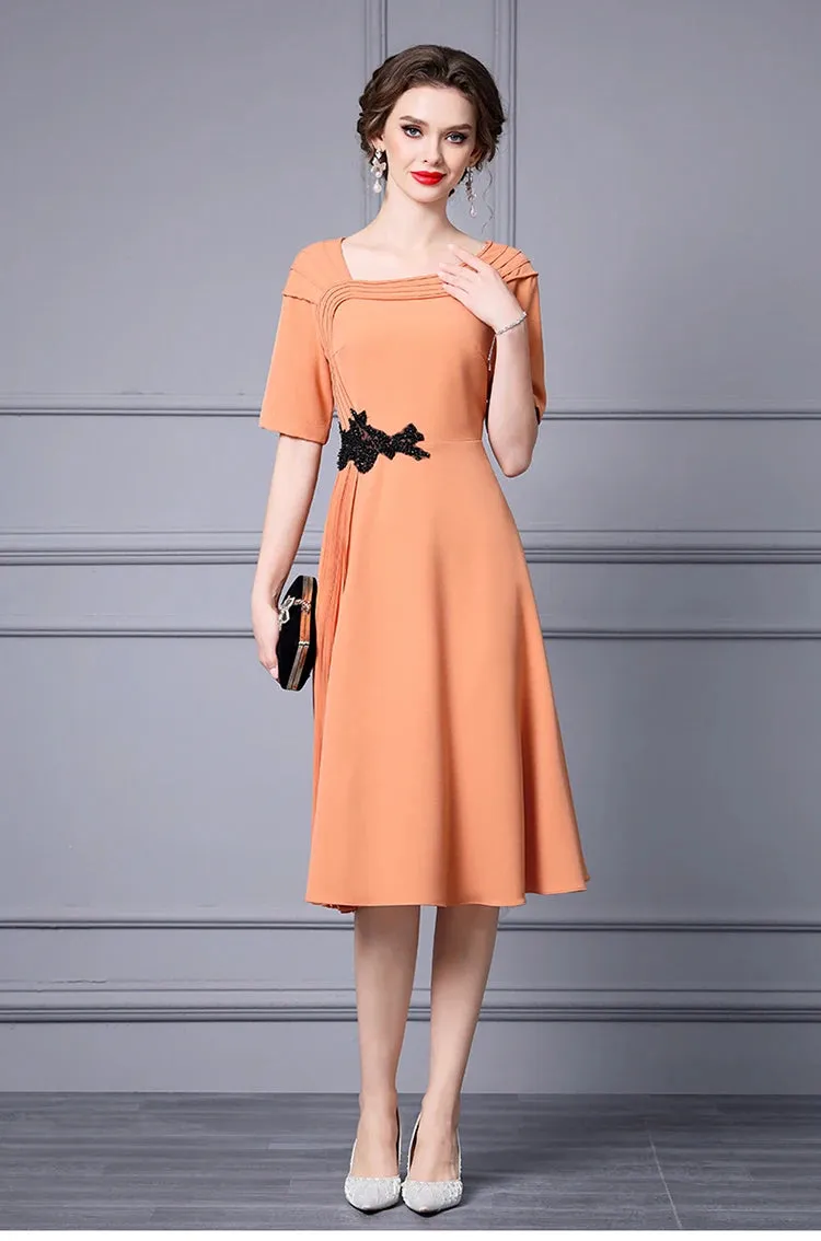 Ensley Asymmetrical Collar Short Sleeve Beading Elegant Party Solid Color Dress
