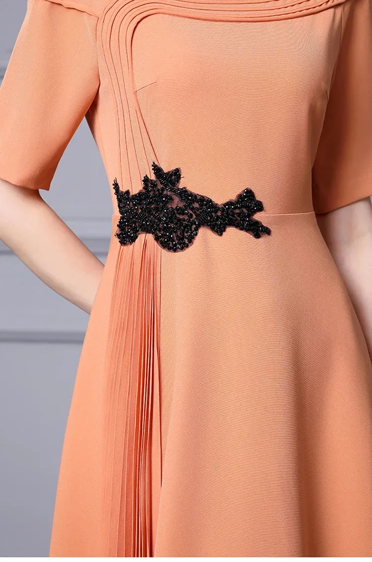 Ensley Asymmetrical Collar Short Sleeve Beading Elegant Party Solid Color Dress