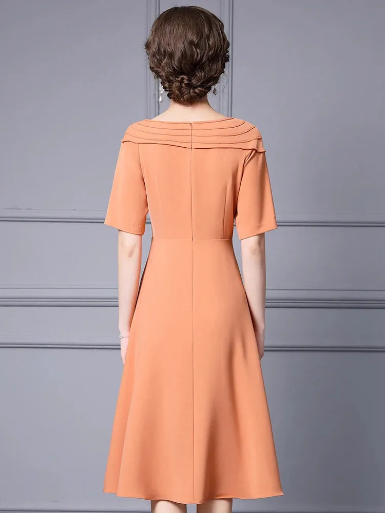Ensley Asymmetrical Collar Short Sleeve Beading Elegant Party Solid Color Dress