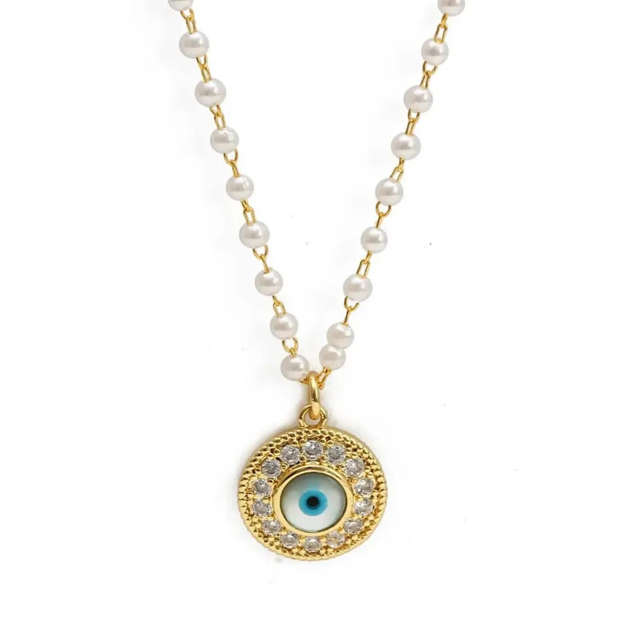Evil Eye Pendants in dainty Faux pearl chain necklace | Erika Williner Designs