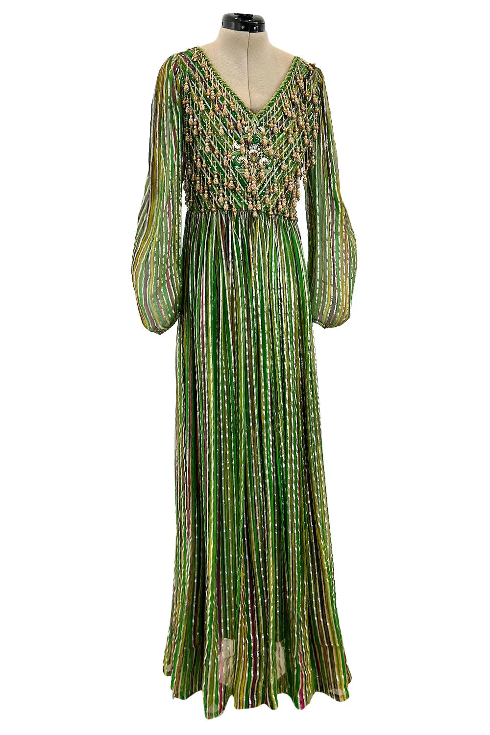 Exquisite 1960s James Galanos Metallic Green & Gold Silk Dress w Heavily Beaded Bodice