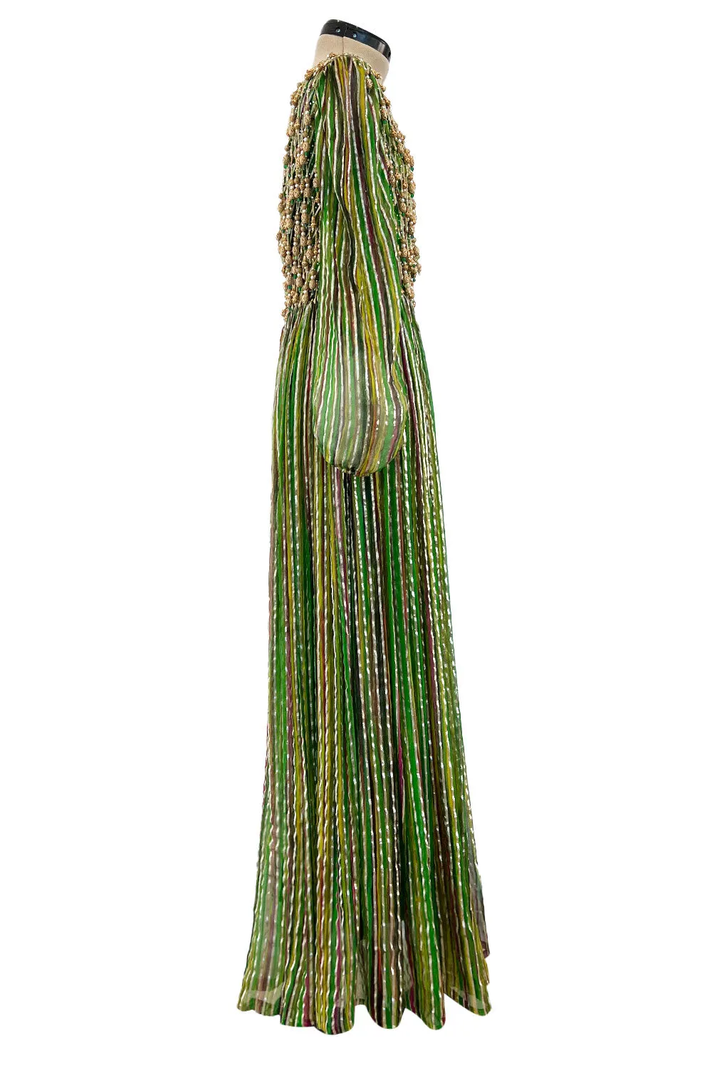 Exquisite 1960s James Galanos Metallic Green & Gold Silk Dress w Heavily Beaded Bodice