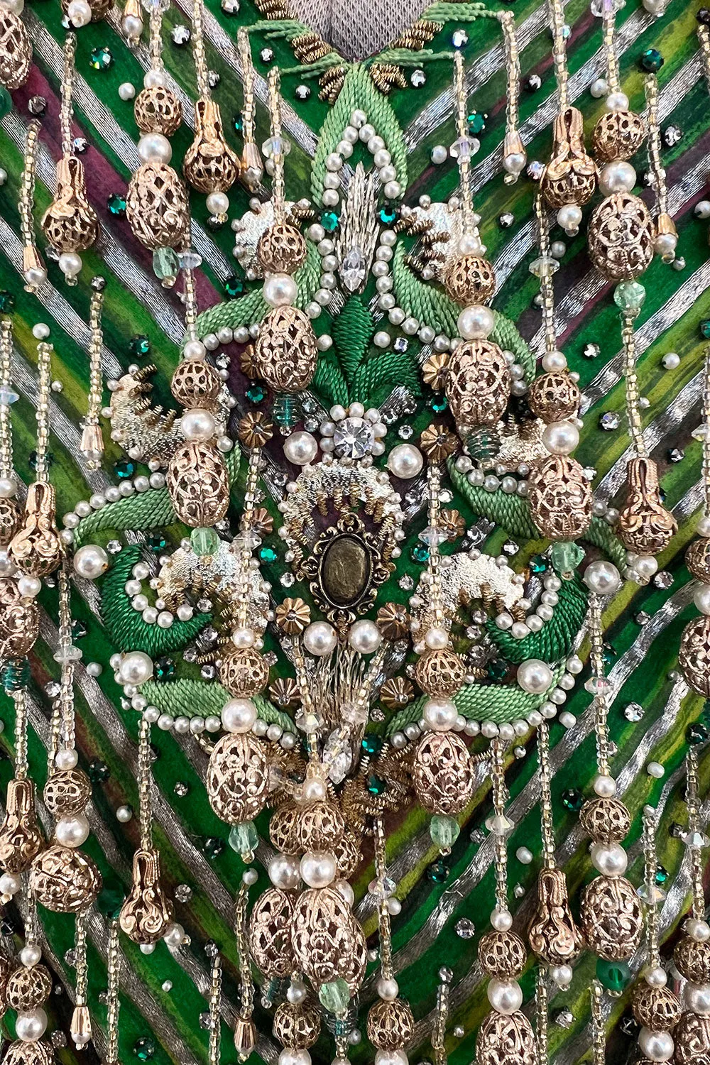 Exquisite 1960s James Galanos Metallic Green & Gold Silk Dress w Heavily Beaded Bodice