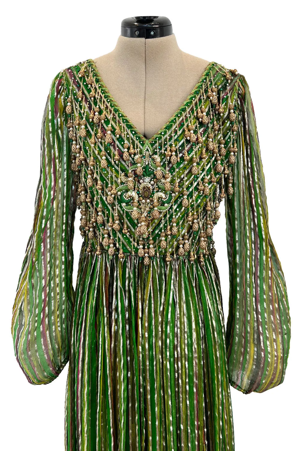Exquisite 1960s James Galanos Metallic Green & Gold Silk Dress w Heavily Beaded Bodice