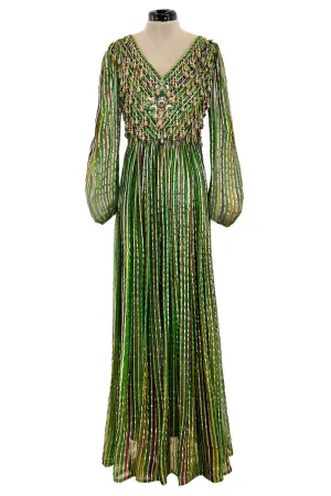 Exquisite 1960s James Galanos Metallic Green & Gold Silk Dress w Heavily Beaded Bodice