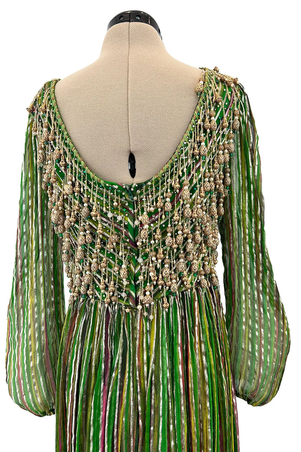 Exquisite 1960s James Galanos Metallic Green & Gold Silk Dress w Heavily Beaded Bodice