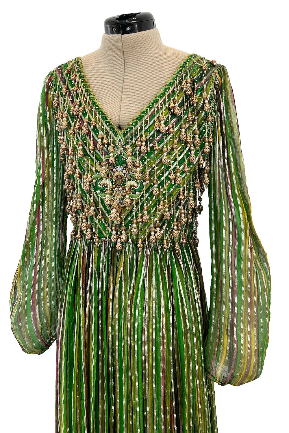 Exquisite 1960s James Galanos Metallic Green & Gold Silk Dress w Heavily Beaded Bodice