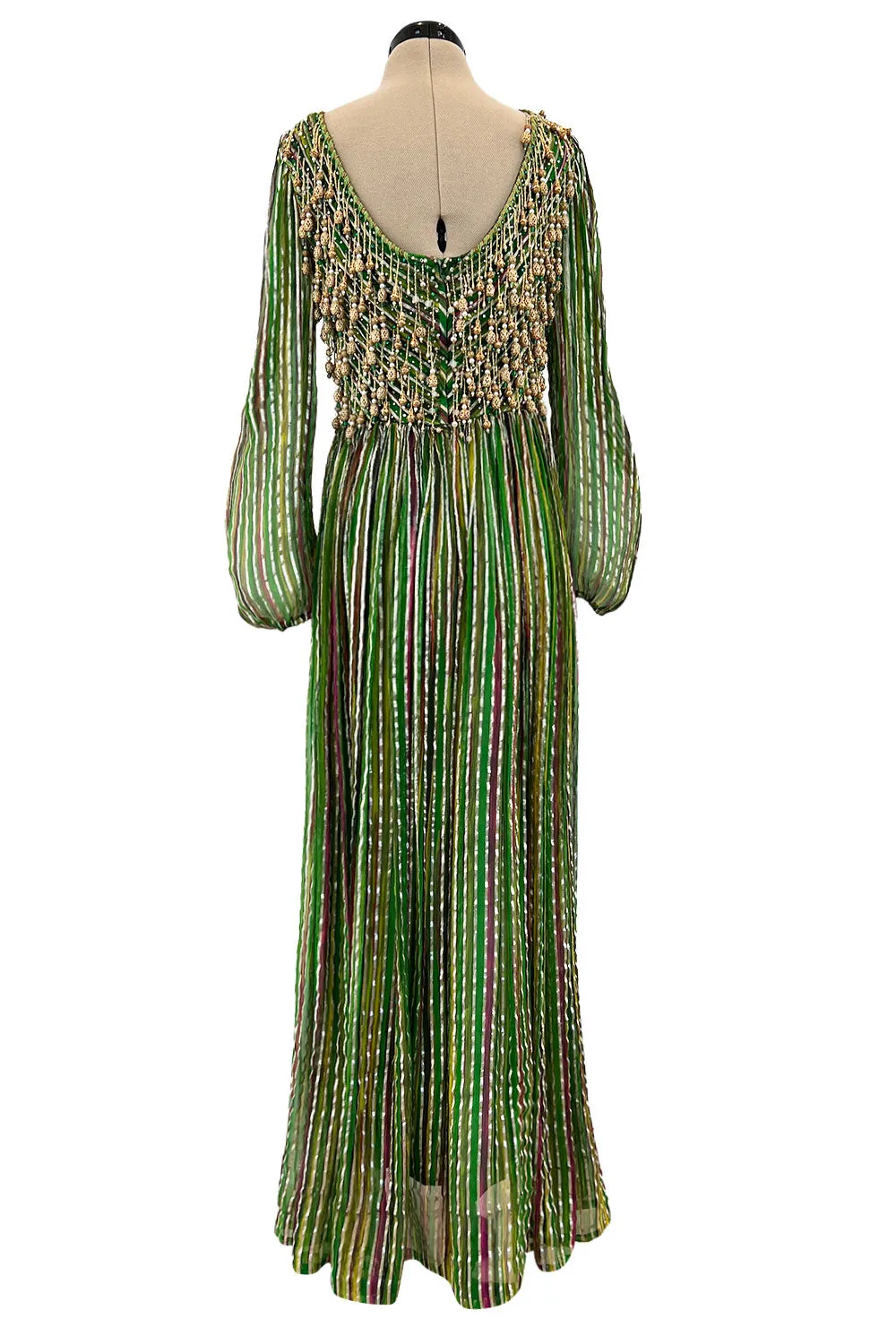 Exquisite 1960s James Galanos Metallic Green & Gold Silk Dress w Heavily Beaded Bodice