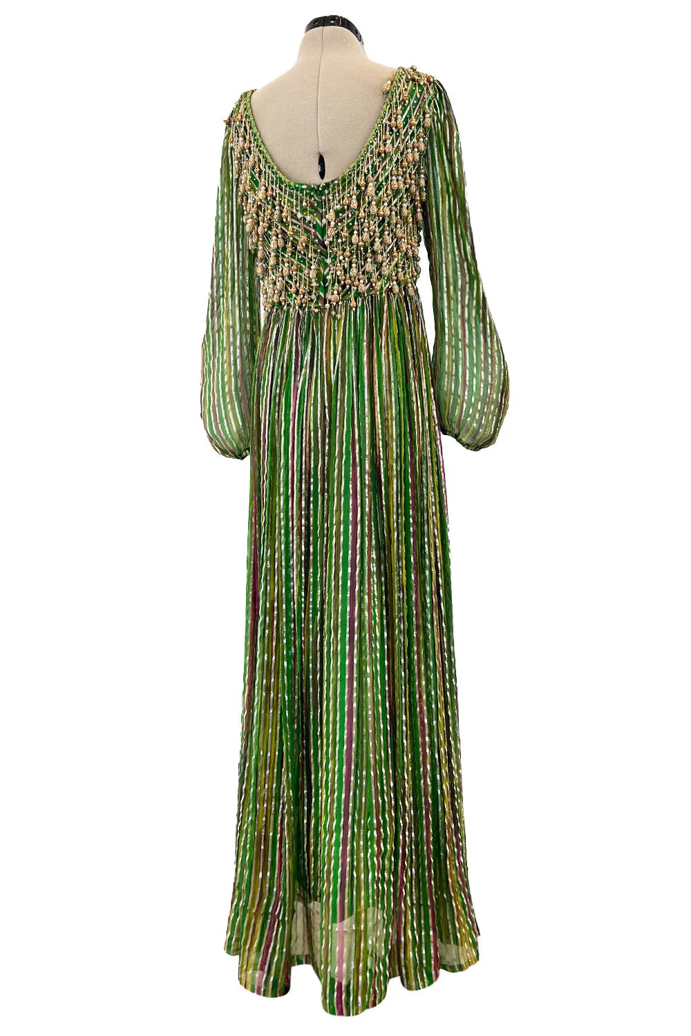 Exquisite 1960s James Galanos Metallic Green & Gold Silk Dress w Heavily Beaded Bodice
