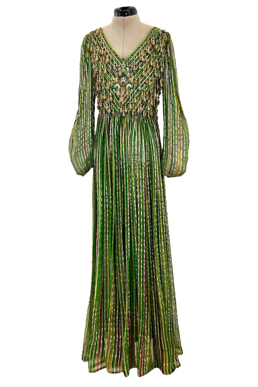 Exquisite 1960s James Galanos Metallic Green & Gold Silk Dress w Heavily Beaded Bodice