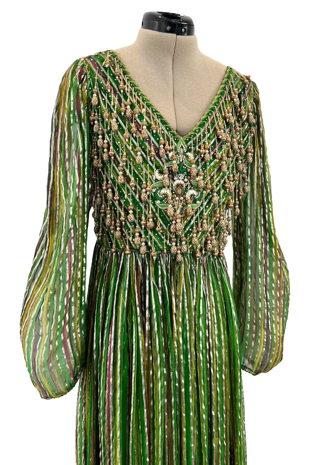 Exquisite 1960s James Galanos Metallic Green & Gold Silk Dress w Heavily Beaded Bodice