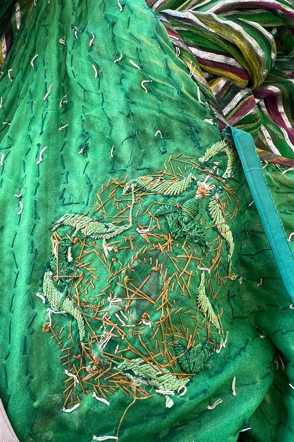 Exquisite 1960s James Galanos Metallic Green & Gold Silk Dress w Heavily Beaded Bodice