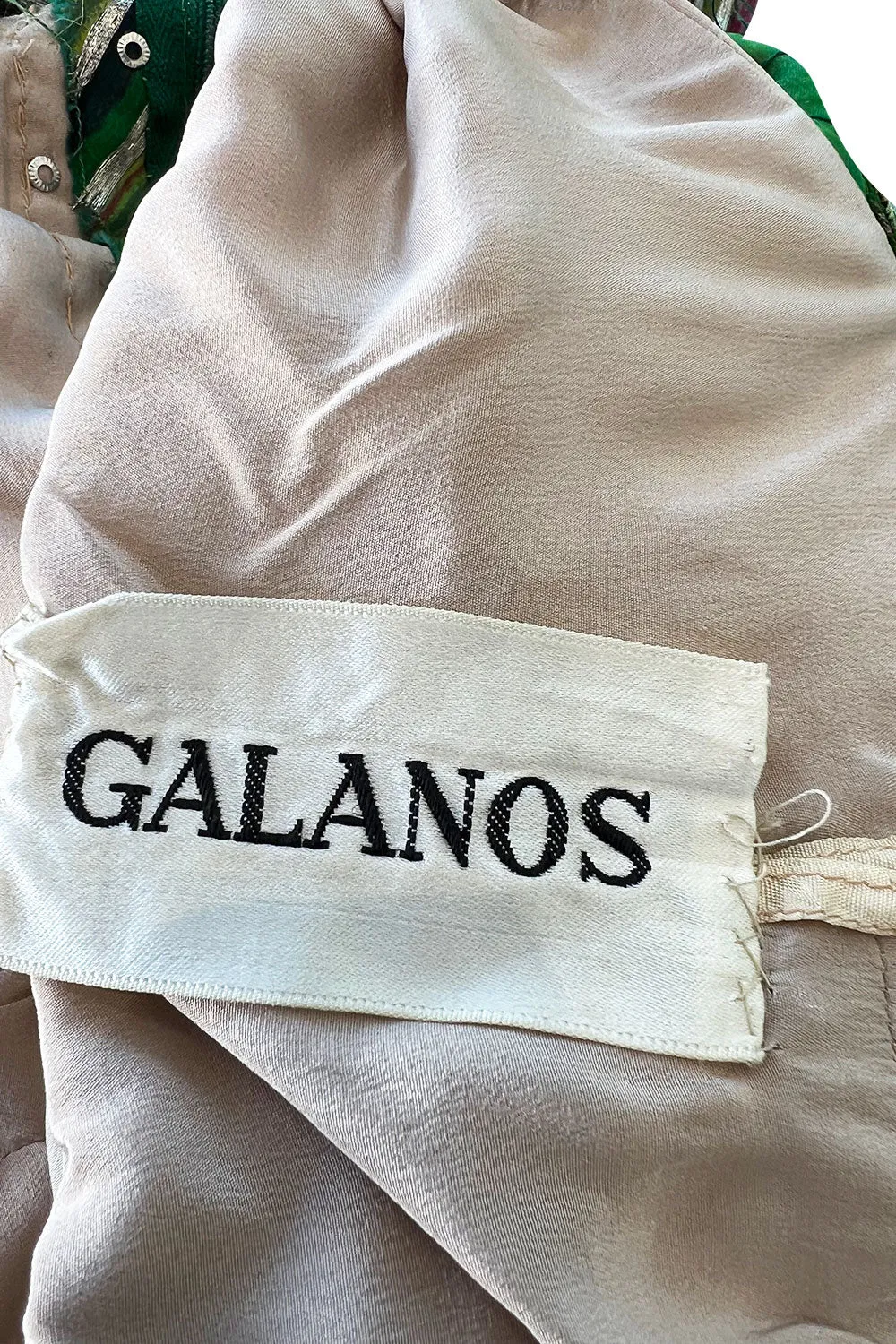 Exquisite 1960s James Galanos Metallic Green & Gold Silk Dress w Heavily Beaded Bodice