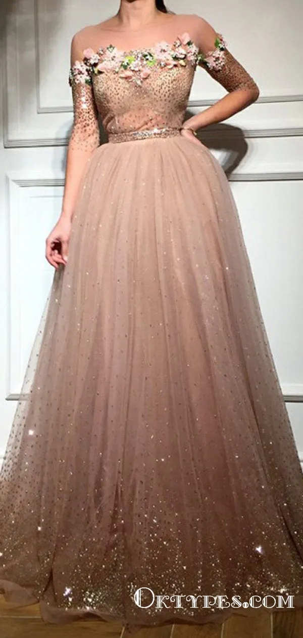 Exquisite Illusion Neck Long Sleeves Blush Prom Dresses with Beaded Flowers, TYP1669