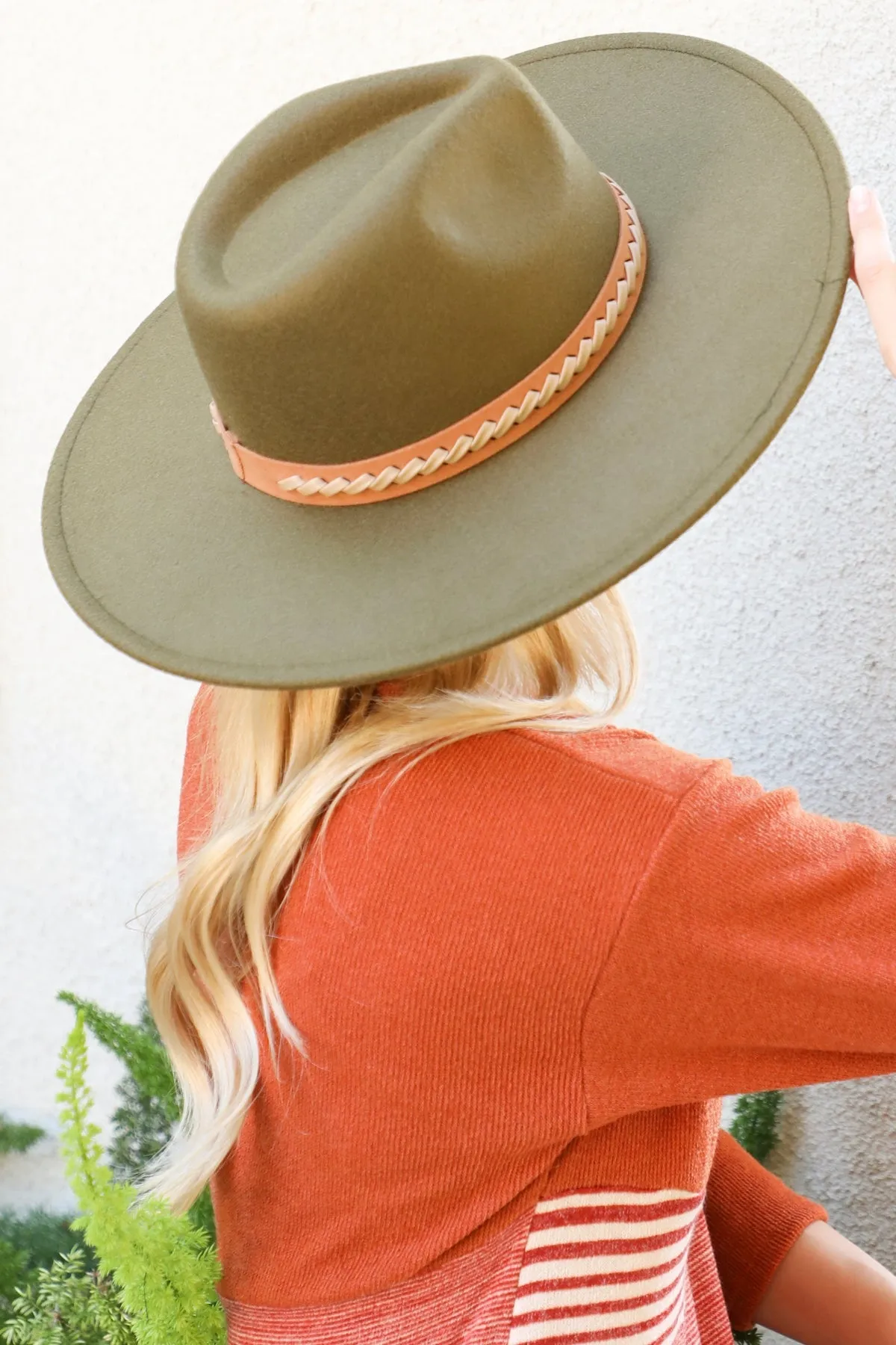 Felt Fashion Brim Hat with Leather Braided Olive - Pack of 6