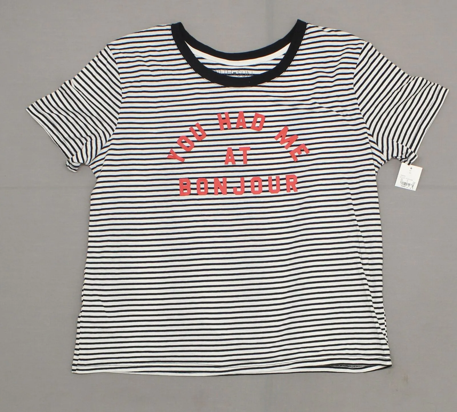 Fifth Sun Women's Short Sleeve YOU HAD ME AT BONJOUR Striped Graphic T-Shirt