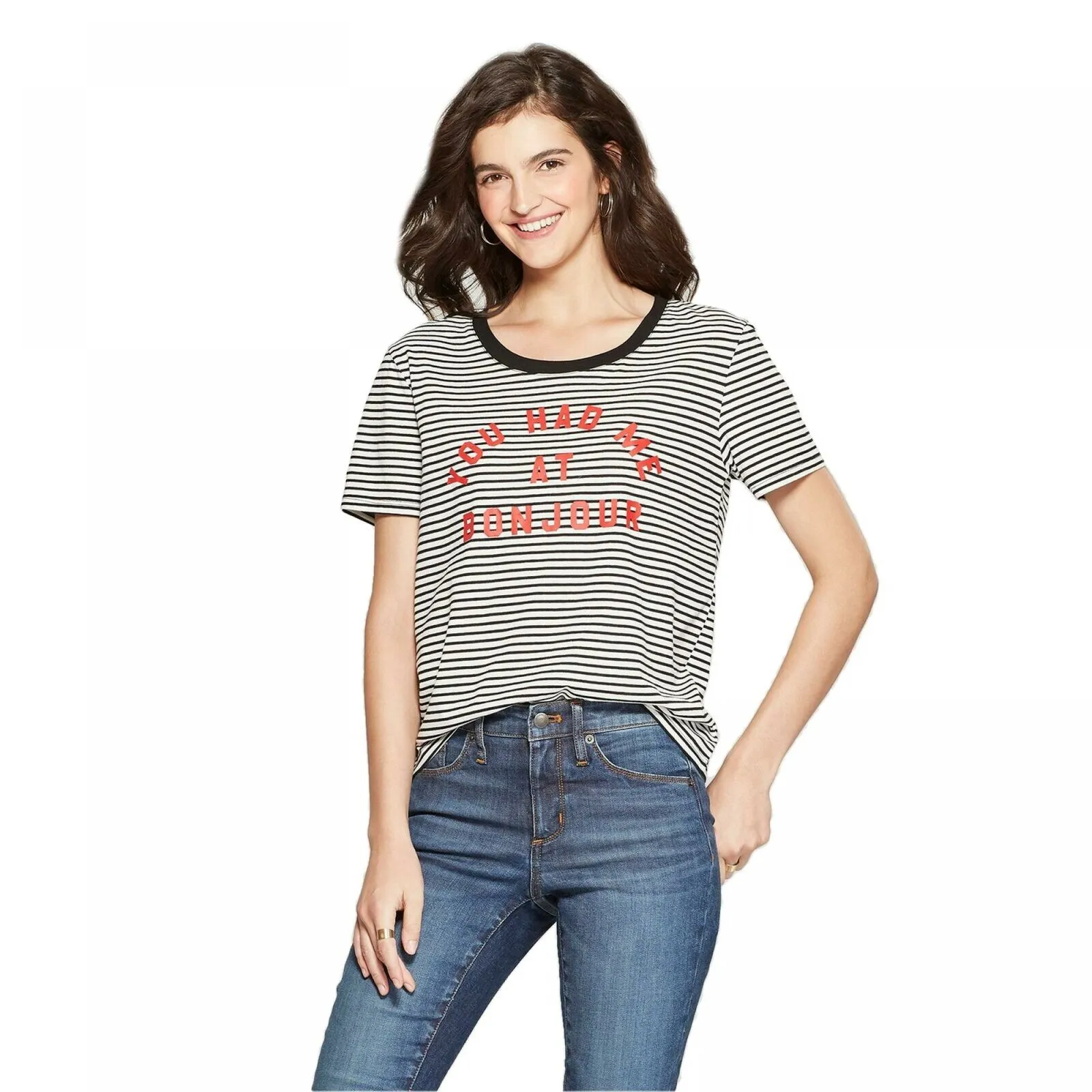 Fifth Sun Women's Short Sleeve YOU HAD ME AT BONJOUR Striped Graphic T-Shirt