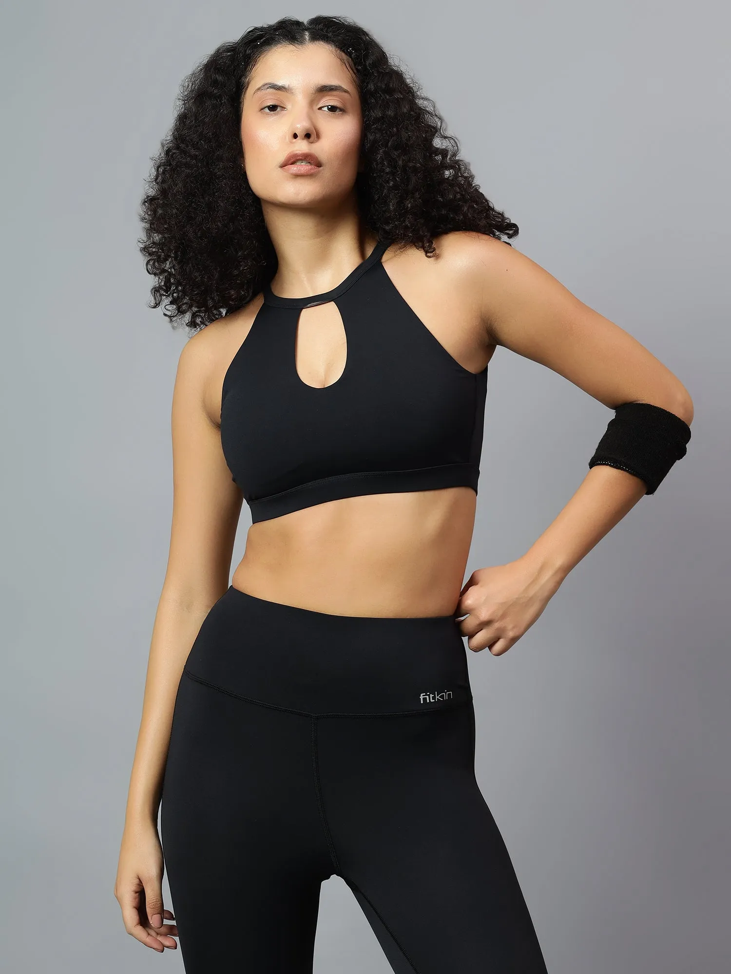Fitkin Womens Black Halter Style Sports Bra