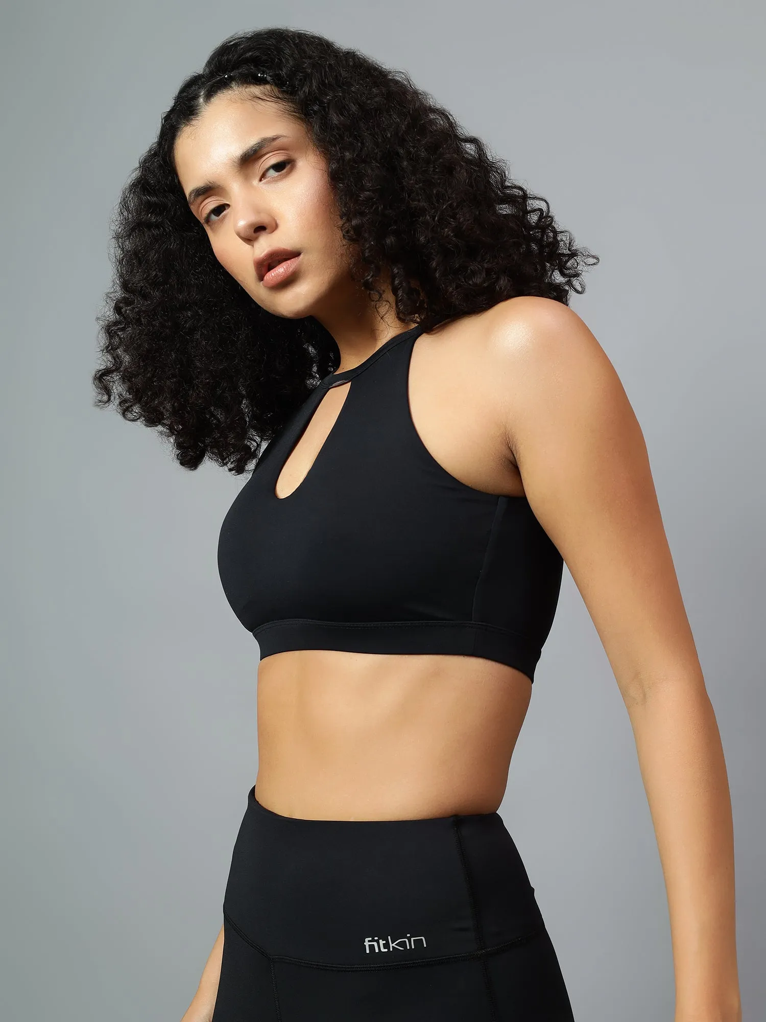 Fitkin Womens Black Halter Style Sports Bra