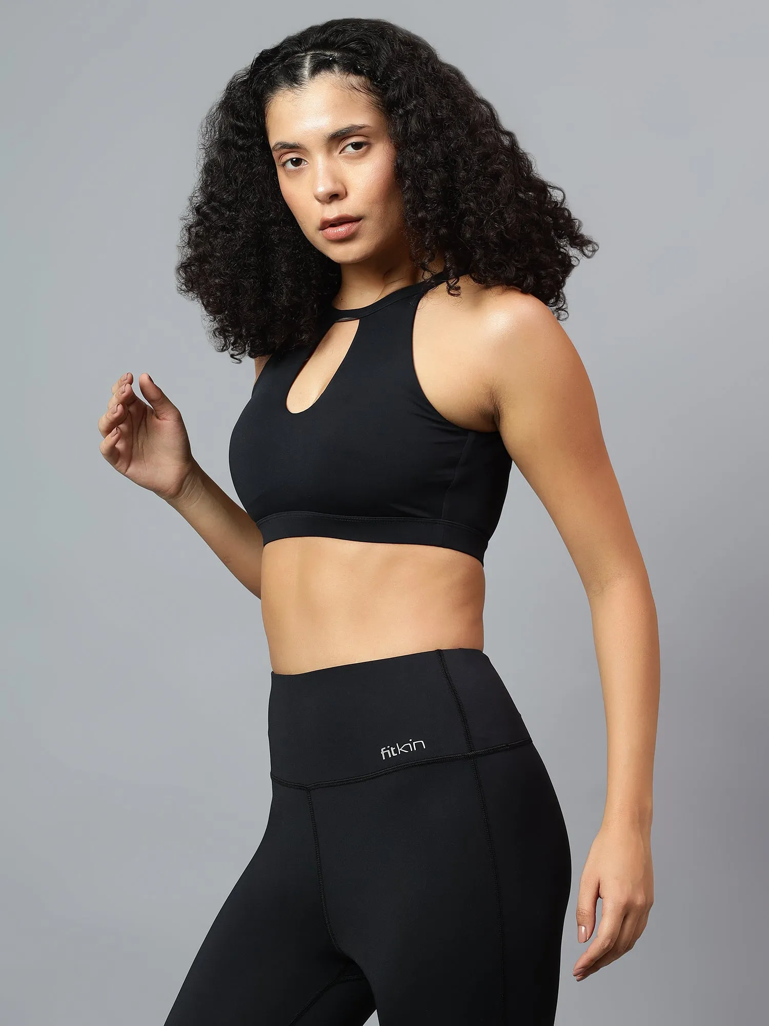 Fitkin Womens Black Halter Style Sports Bra