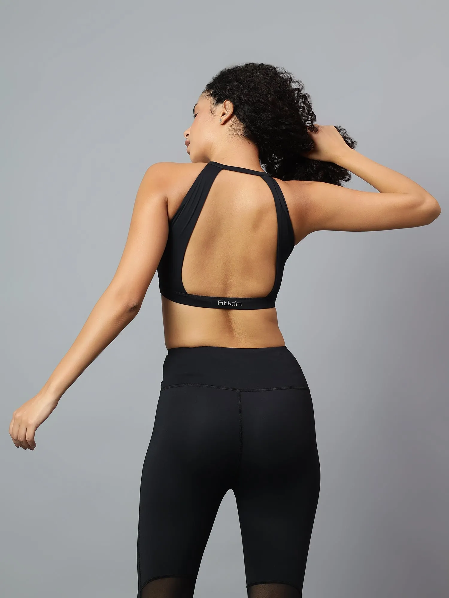 Fitkin Womens Black Halter Style Sports Bra