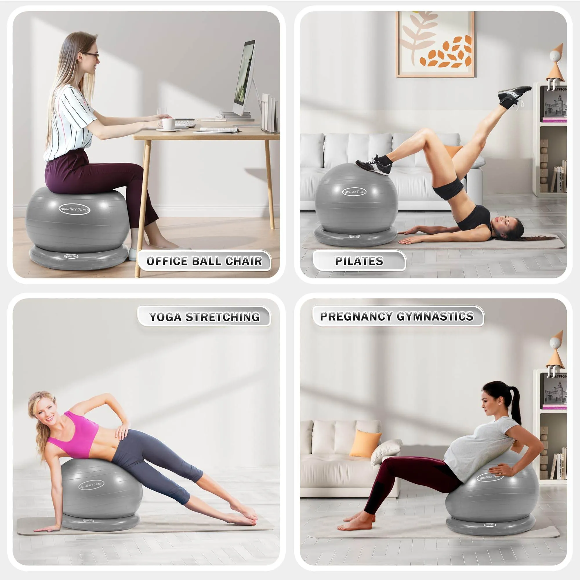 Fitvids Balance Ball with Base Kit, 65cm 26-inch Yoga Ball Chair, Exercise Ball with Inflatable Ring Base for Home or Office Desk, Includes Air Pump, Gray