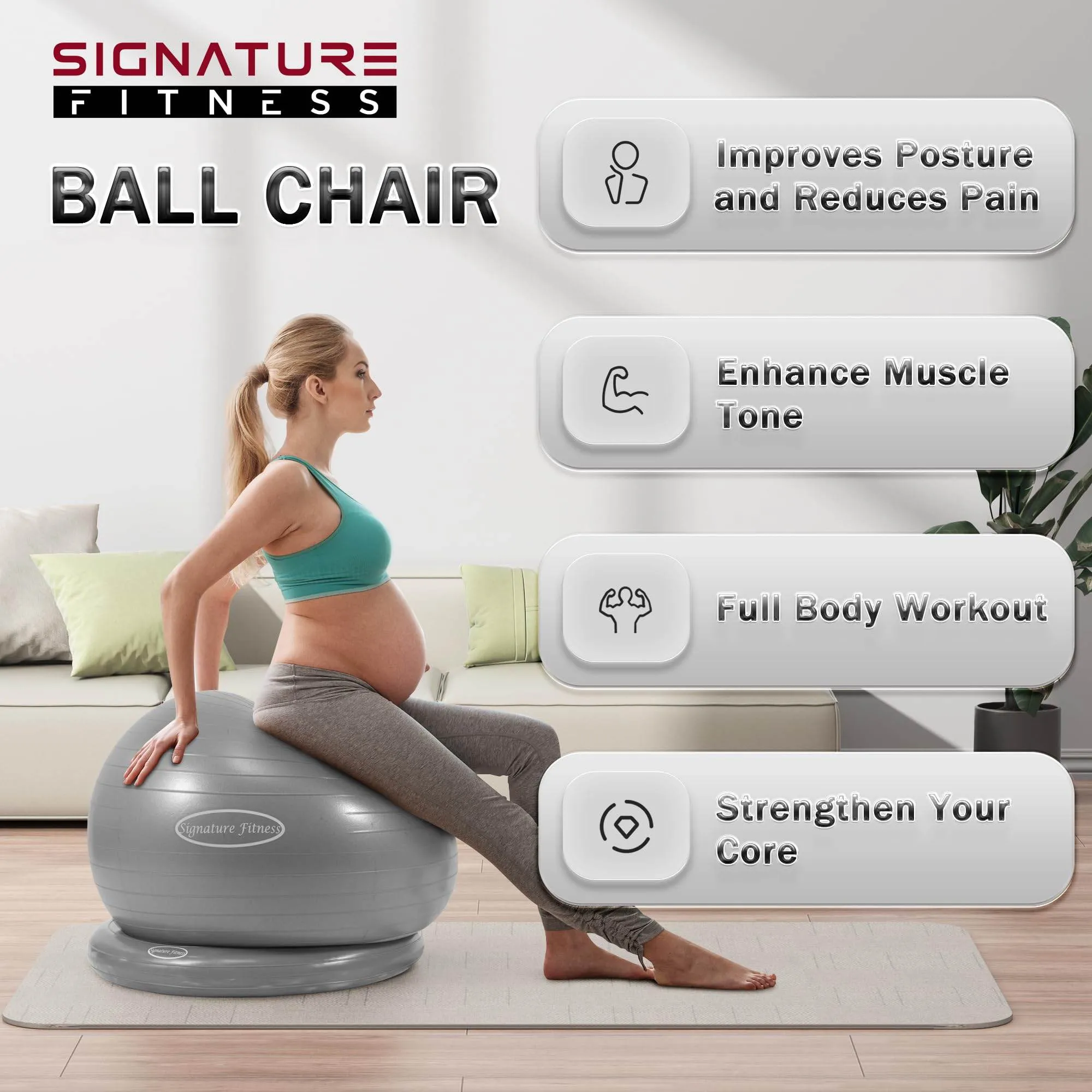 Fitvids Balance Ball with Base Kit, 65cm 26-inch Yoga Ball Chair, Exercise Ball with Inflatable Ring Base for Home or Office Desk, Includes Air Pump, Gray