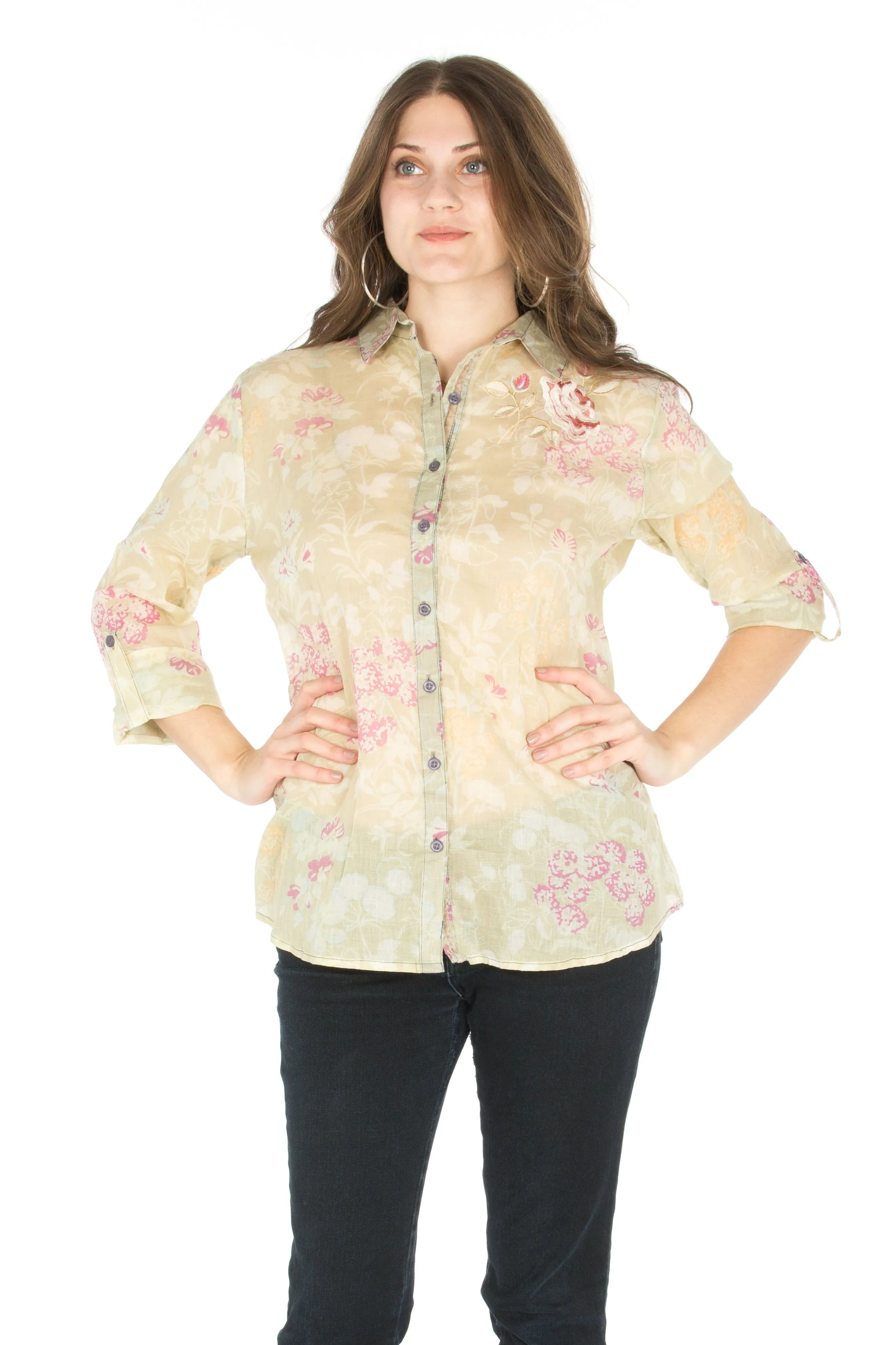Floral Printed Vintage Button-Down Shirt with Embroidery