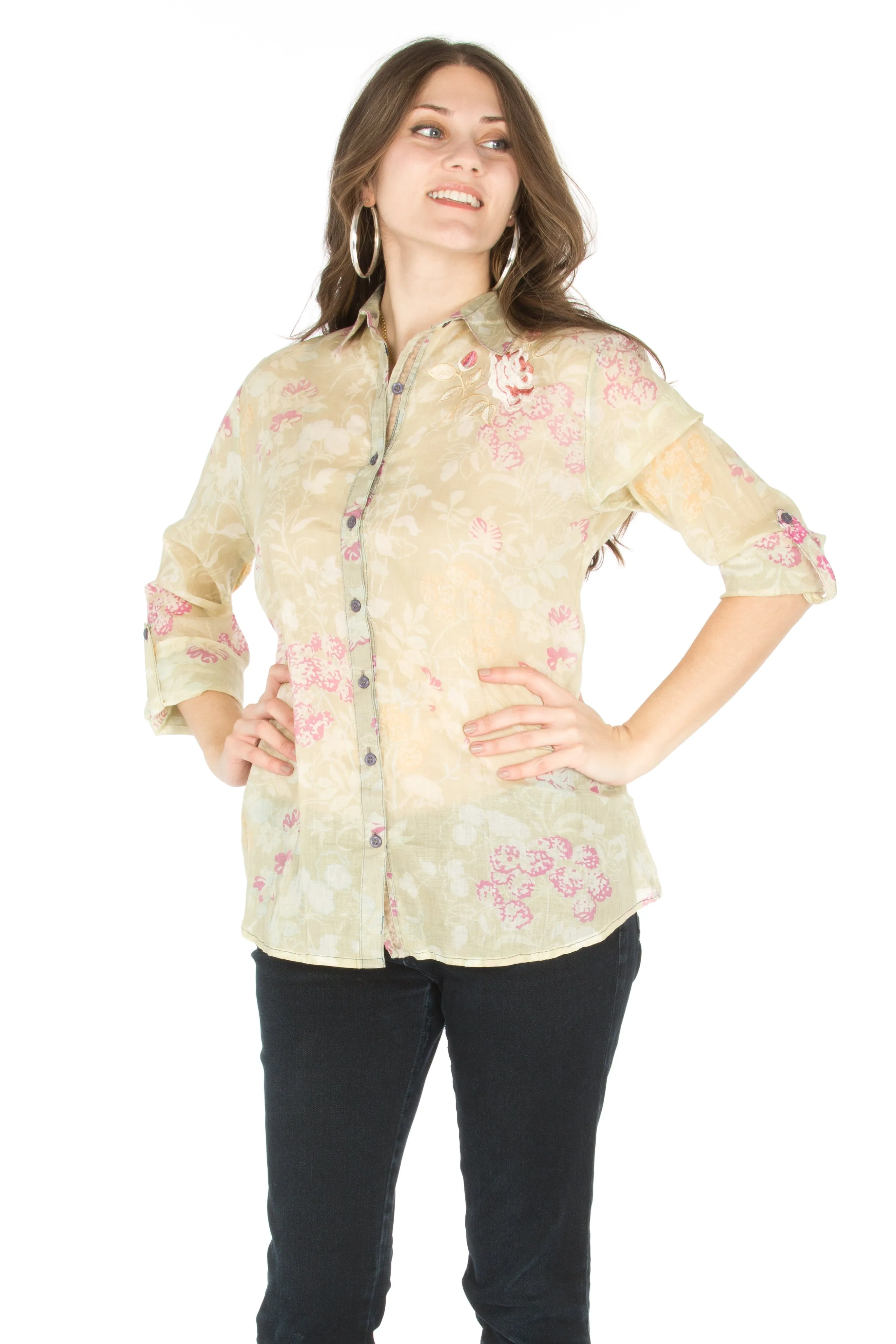 Floral Printed Vintage Button-Down Shirt with Embroidery