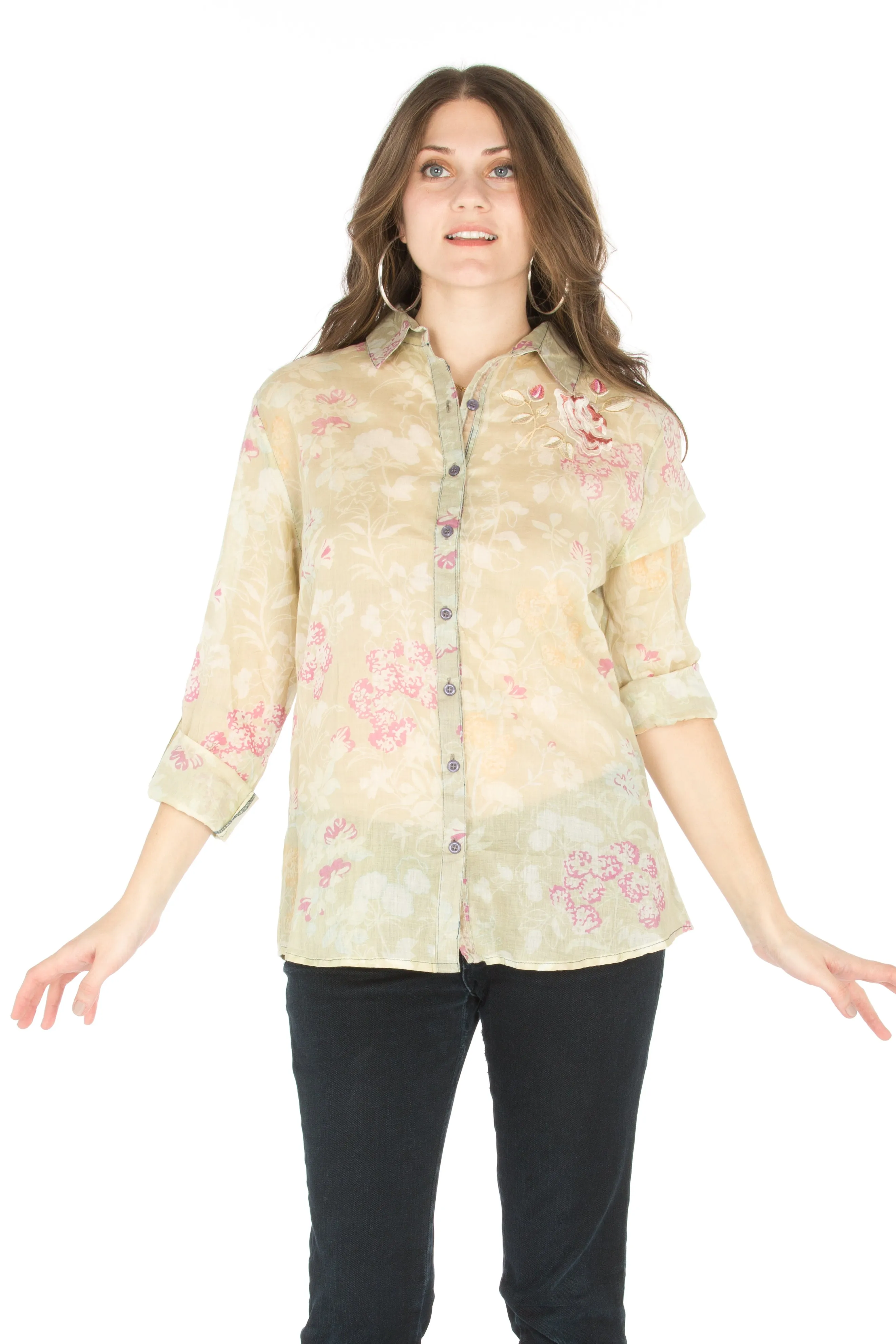 Floral Printed Vintage Button-Down Shirt with Embroidery