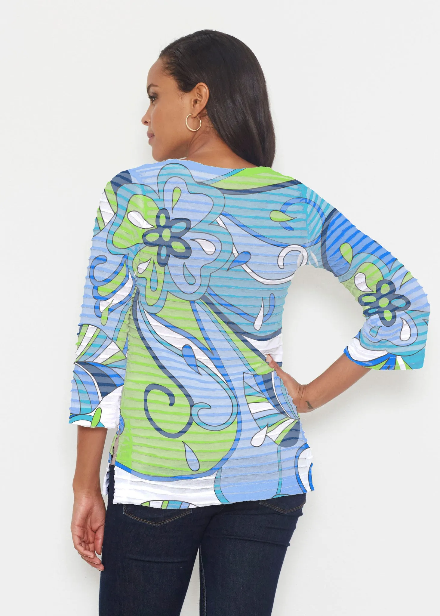 Floral Spritz Turquoise (22093) ~ Banded 3/4 Bell-Sleeve V-Neck Tunic