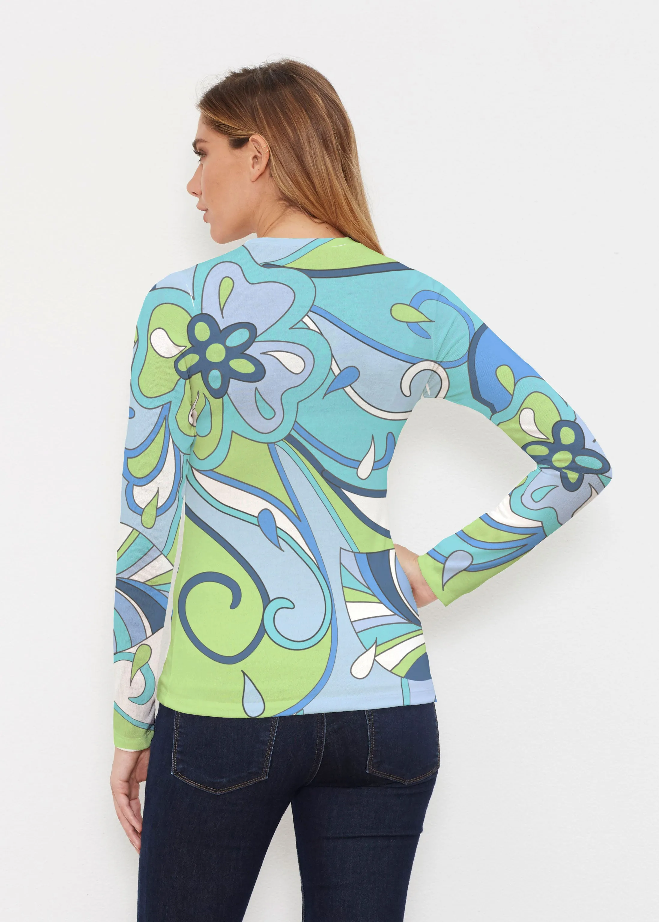 Floral Spritz Turquoise (22093) ~ Butterknit Long Sleeve V-Neck Top