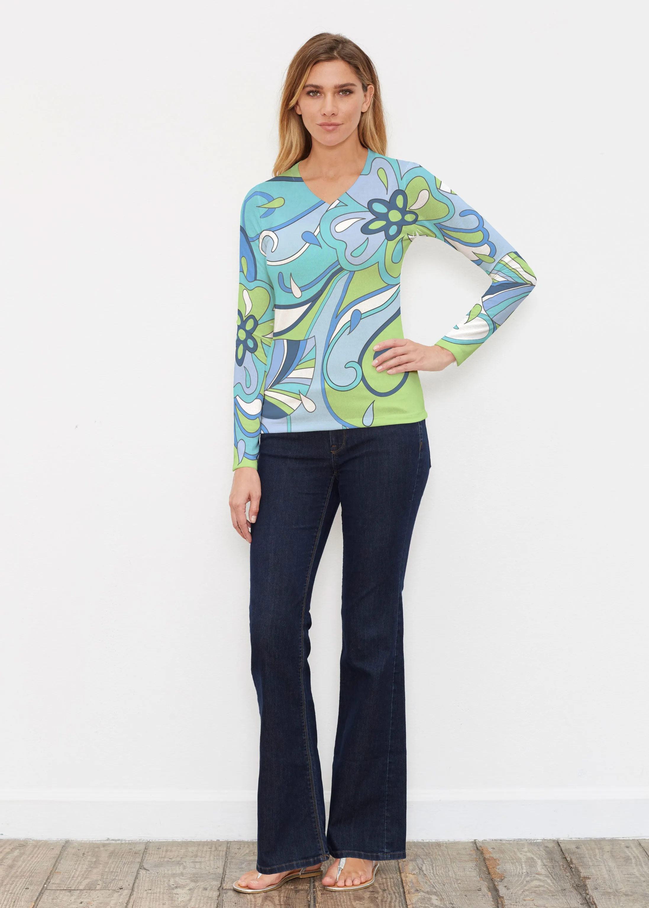 Floral Spritz Turquoise (22093) ~ Butterknit Long Sleeve V-Neck Top