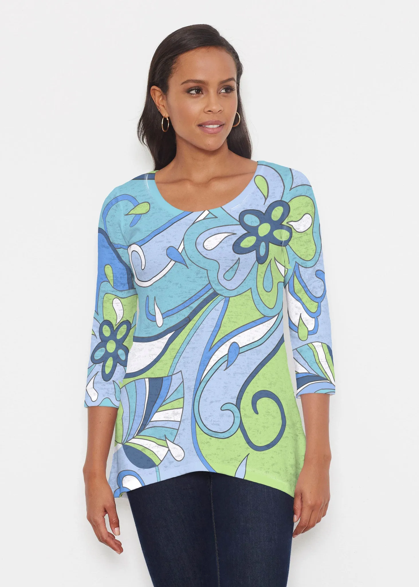 Floral Spritz Turquoise (22093) ~ Katherine Hi-Lo Thermal Tunic