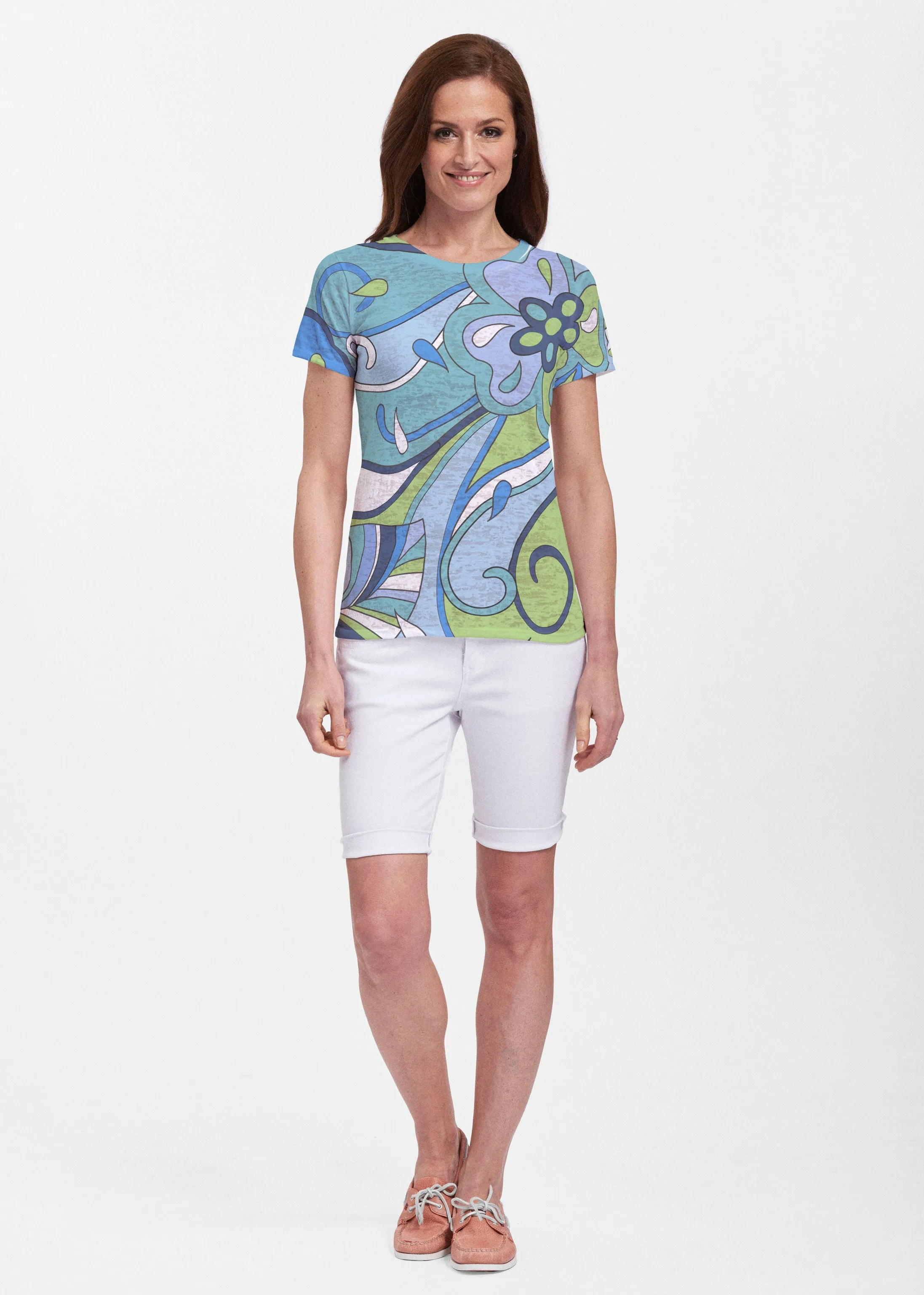 Floral Spritz Turquoise (22093) ~ Sheer Short Sleeve Crew Shirt