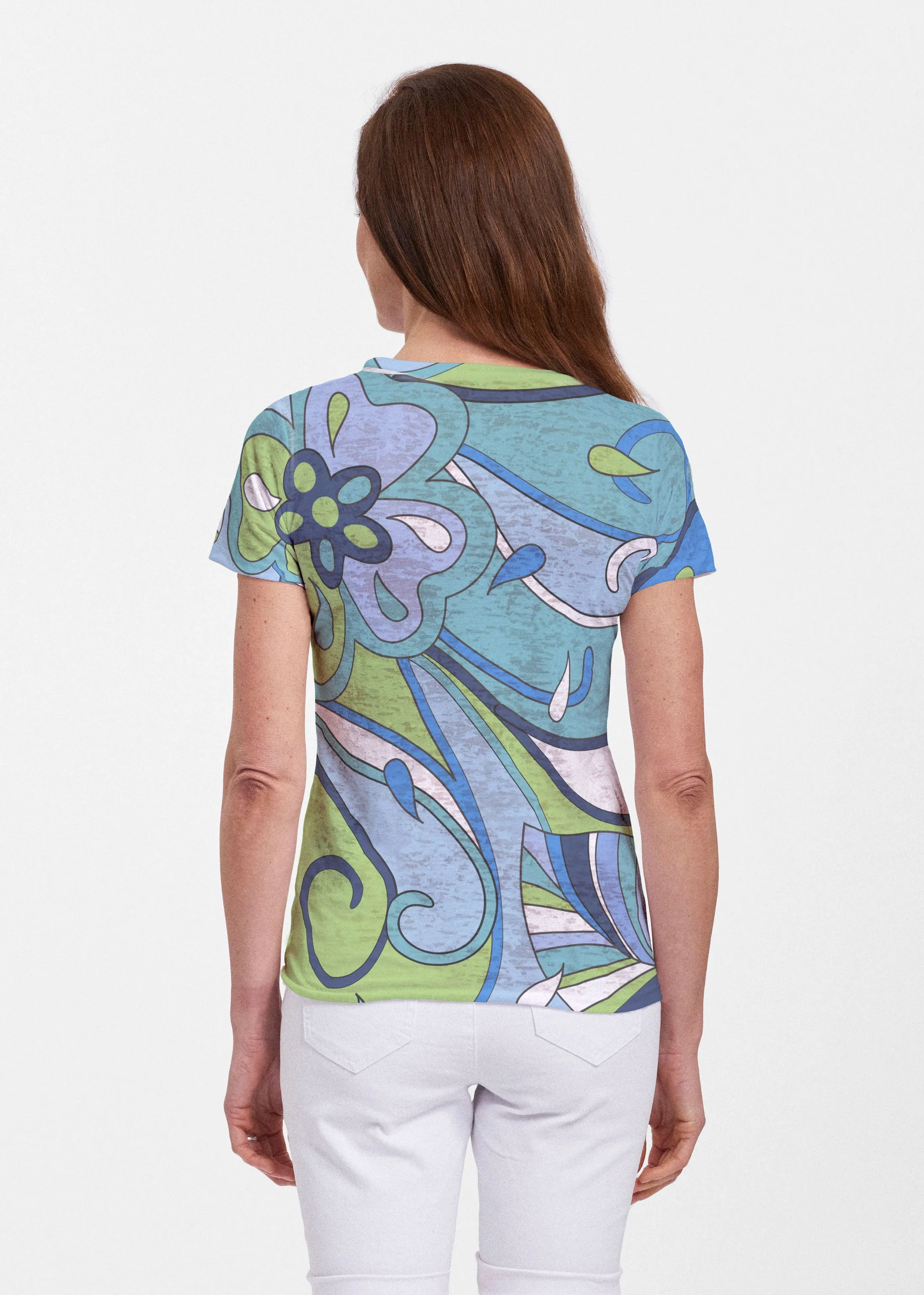 Floral Spritz Turquoise (22093) ~ Sheer Short Sleeve Crew Shirt